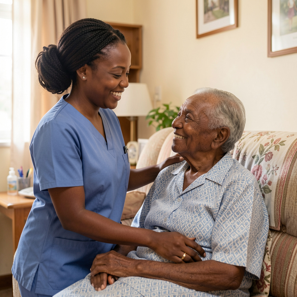 Black African caregiver providing personal care to an elderly person at home